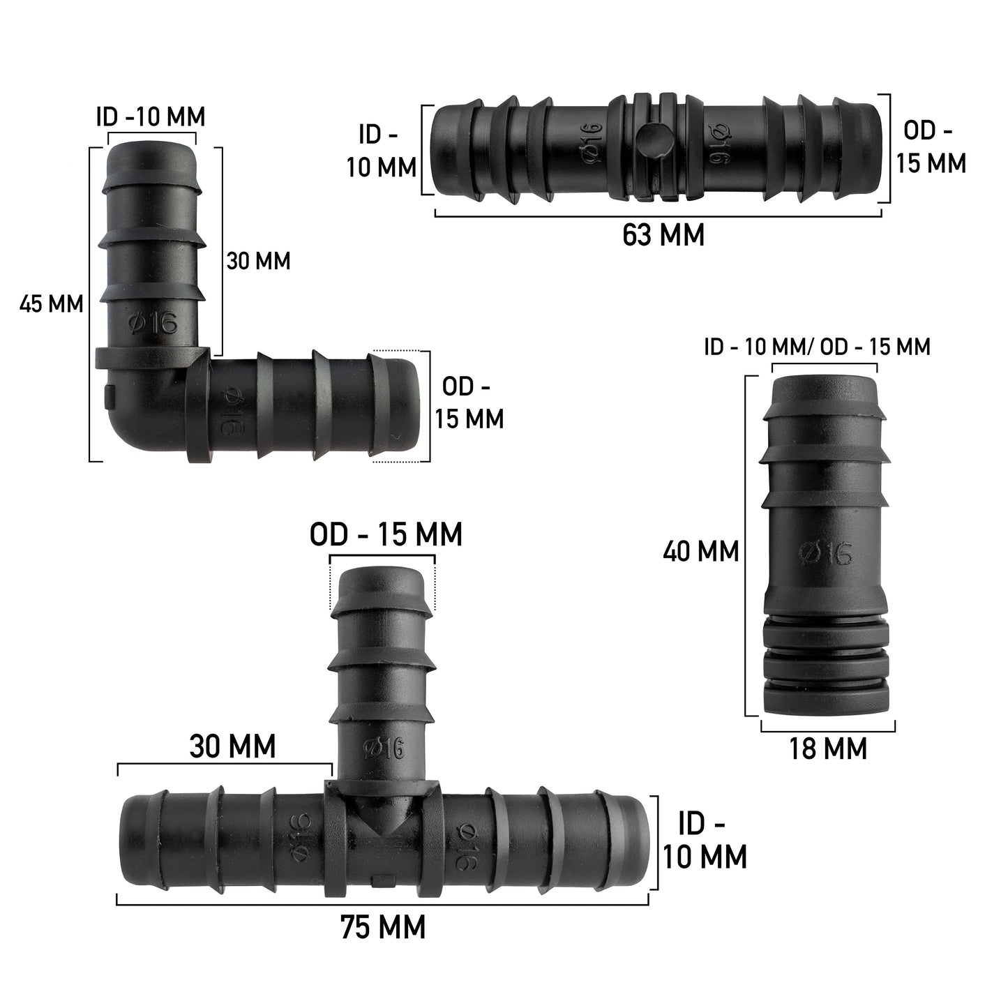 Pack of 20 Mixed 1/2" Barb Irrigation Pipe Connectors