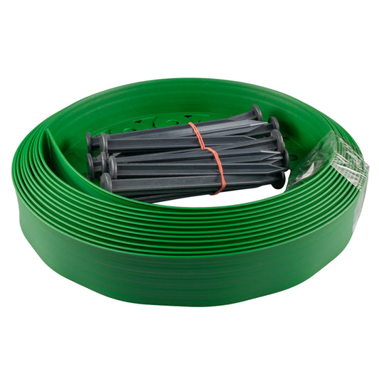 Coiled green Easy Border lawn edging with a bundle of dark securing pegs.