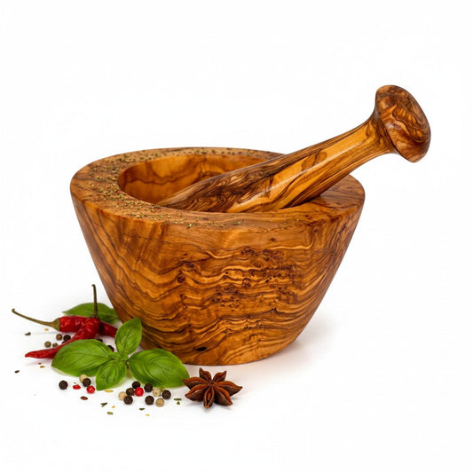 Artisan Olive Wood Mortar & Pestle Set Spice Grinder Herb Crusher