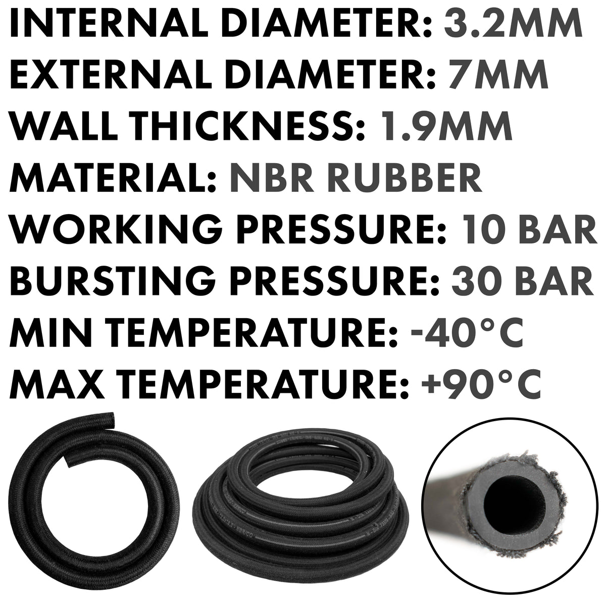 3.2mm Braided Rubber Fuel Hose – 1m or 50m Coil