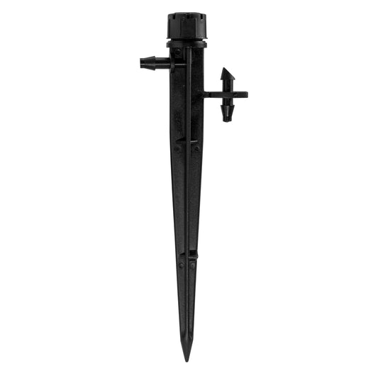 Single black 360-degree adjustable micro-irrigation emitter on a ground stake with side tubing inlet.