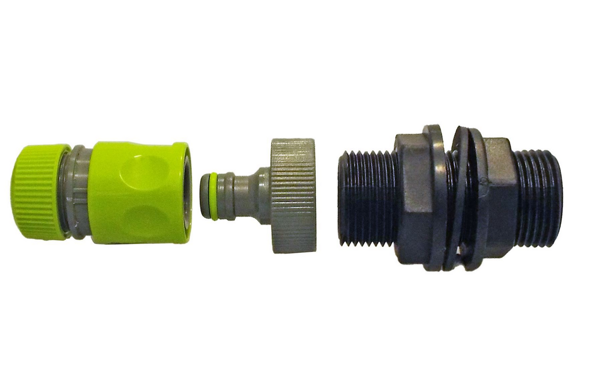 Water-butt tank connector kit with ½″ BSP mounting thread and ½″ hose connector via male/female snap-on fittings.