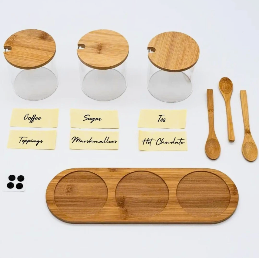 Glass Jar Kitchen Station Set - Tea, Coffee, Sugar and Hot Chocolate