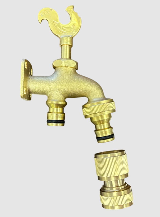 Brass Rooster Garden Tap – Quick Inlet & Outlet + Hose Socket