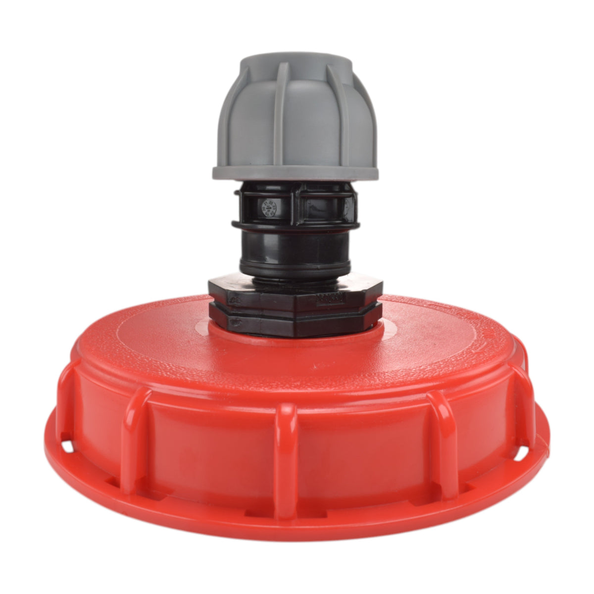 IBC 6″ Top Cap with 32mm MDPE Straight Connector, shown with a red cap; cap colour may vary.