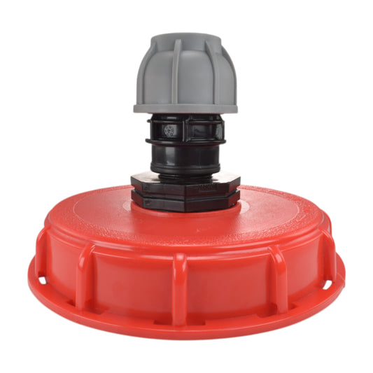 IBC 6″ Top Cap with 25mm MDPE Straight Connector, shown with a red cap; cap colour may vary.