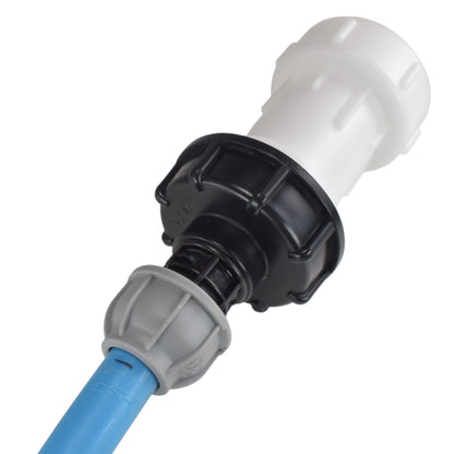 S60X6 IBC extension, black cap and 20mm MDPE straight connector with grey compression fitting.