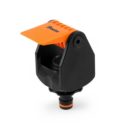 Black and orange Bradas adjustable kitchen mixer-tap connector with male snap-on outlet.
