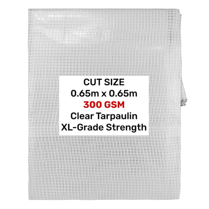 Clear Reinforced Tarpaulin – 0.65 ×0.65m, 300gsm; product design shown.