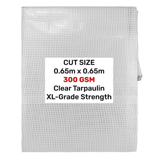 Clear Reinforced Tarpaulin – 0.65 ×0.65m, 300gsm; product design shown.