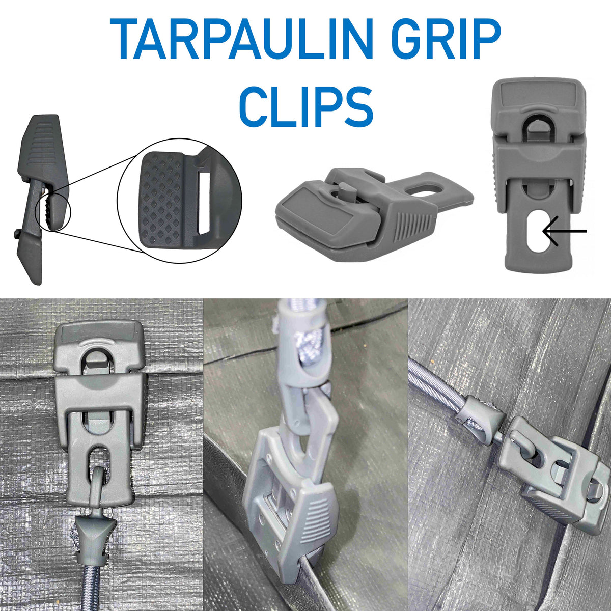 Grey Slide-Lock Tarpaulin Clips – Pack of 10 or 500