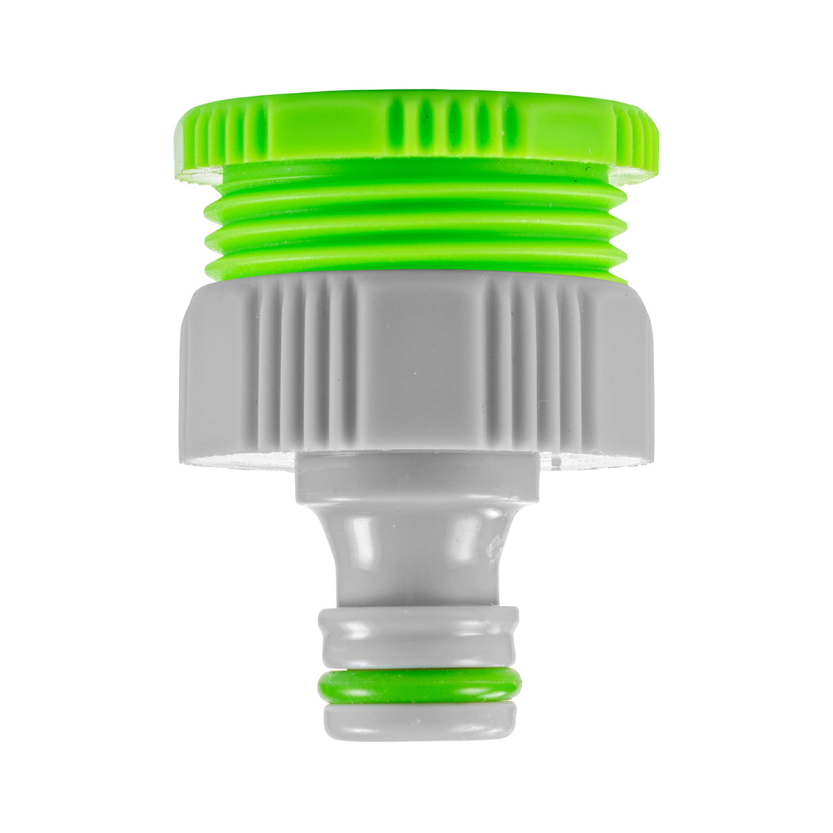 Lime green and grey plastic tap connector with 1″ and ¾″ BSP female thread options and a snap-on male outlet.