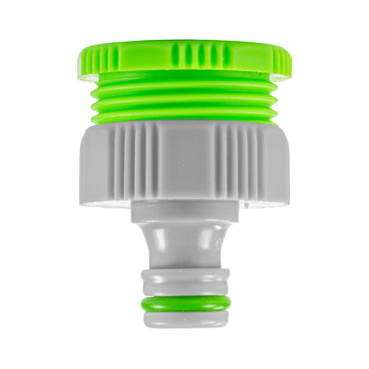 Lime green and grey plastic tap connector with 1″ and ¾″ BSP female thread options and a snap-on male outlet.