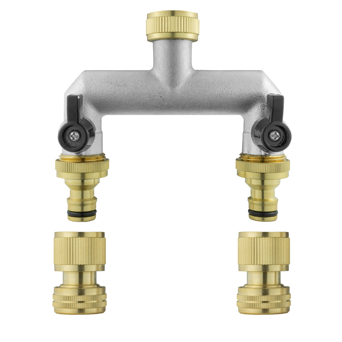 Two-way brass tap splitter with 2 male snap-on adapters and 2 female half-inch hose connectors.