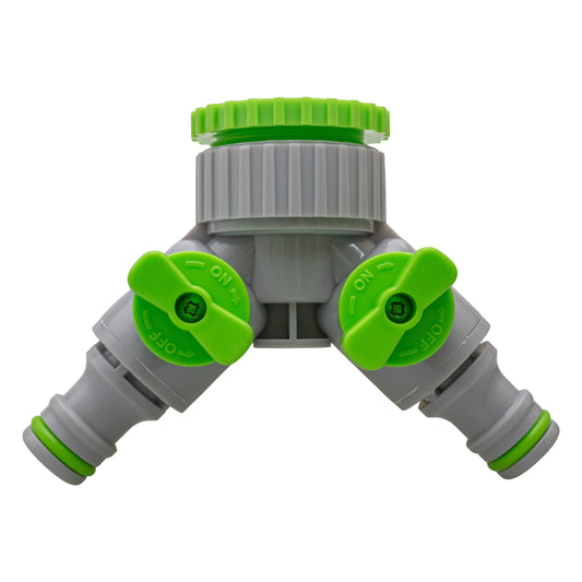 2-Way Tap Connector With Valves 1" and 3/4" BSP Female, Green/Gray
