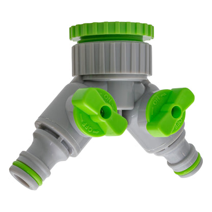 2-Way Tap Connector With Valves 1" and 3/4" BSP Female, Green/Gray