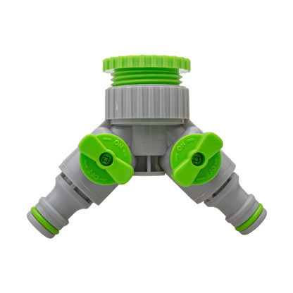 2-Way Tap Connector With Valves 1" and 3/4" BSP Female, Green/Gray