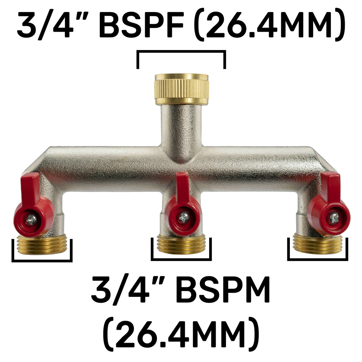 Three-Way Brass Tap Splitter Kit – ¾″ BSP to ½″ Hose