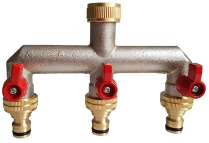 Three-Way Brass Tap Splitter Kit – ¾″ BSP to ½″ Hose