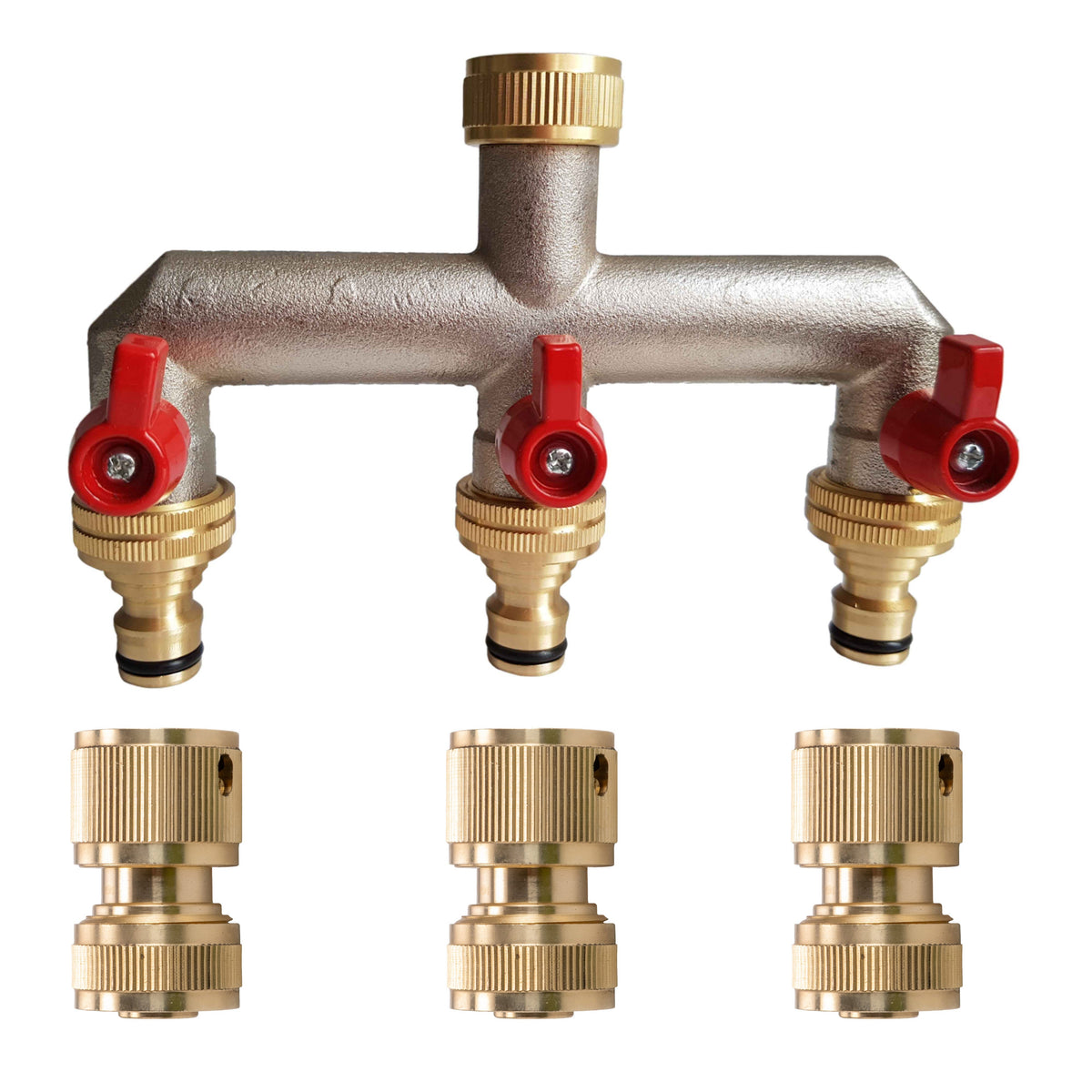 Three-way brass tap splitter with 3 male snap-on adapters and 3 female half-inch hose connectors.