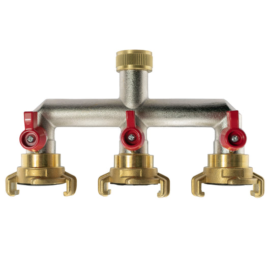 Three Way Tap Splitter Brass 3/4" BSP With Geka Type Claw Outlets