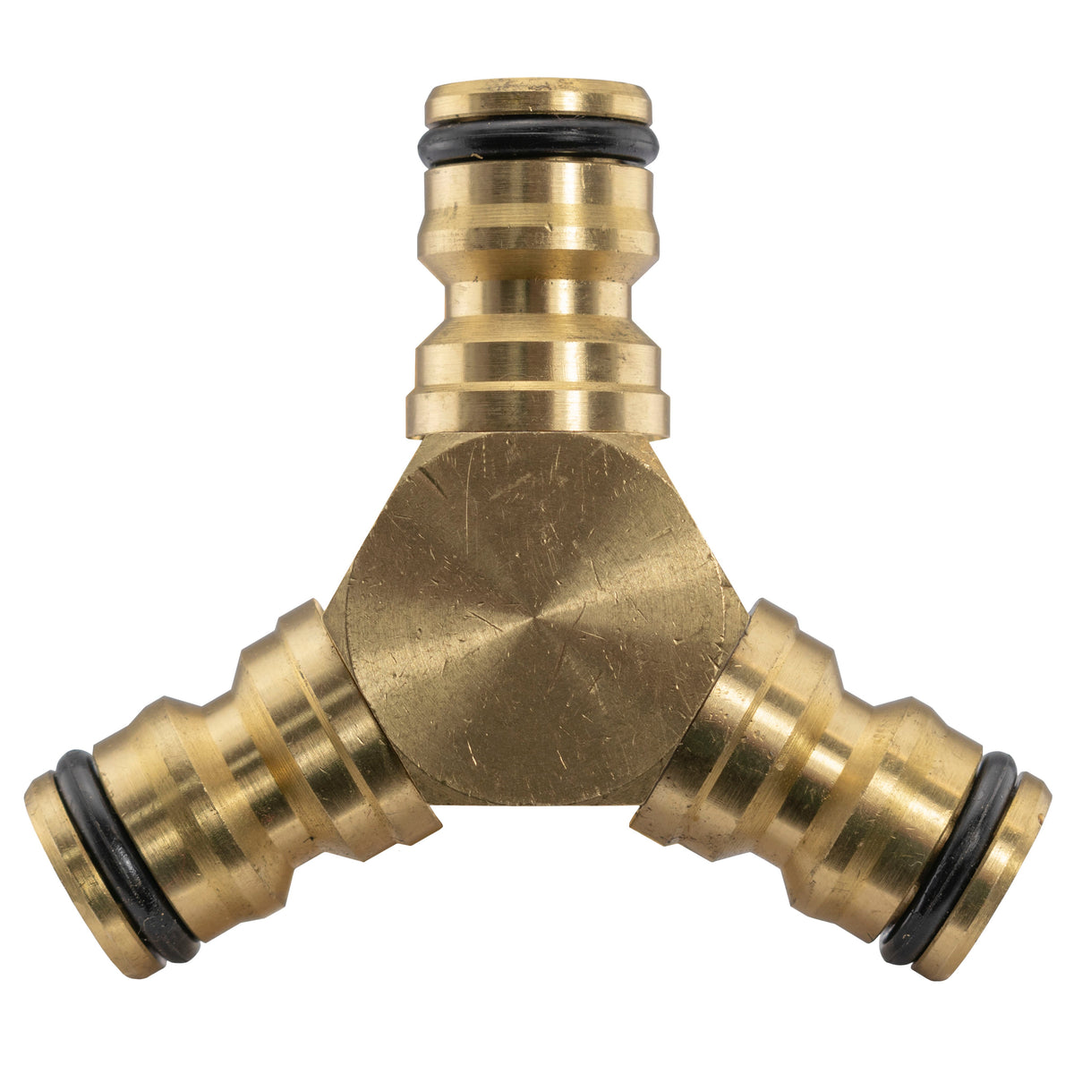 Brass three-way hose connector with three male snap-on fittings.