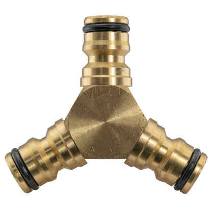 Brass three-way hose connector with three male snap-on fittings.