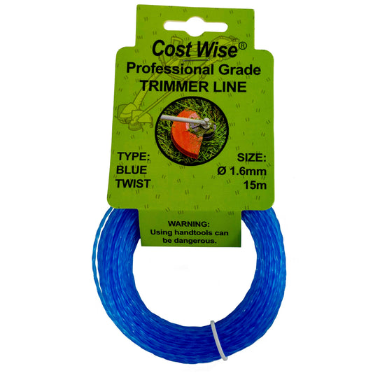 Blue twisted strimmer line in a 15m coil, labelled 1.6mm.