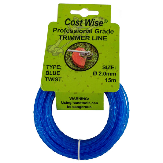 Blue twisted strimmer line in a 15m coil, labelled 2mm.