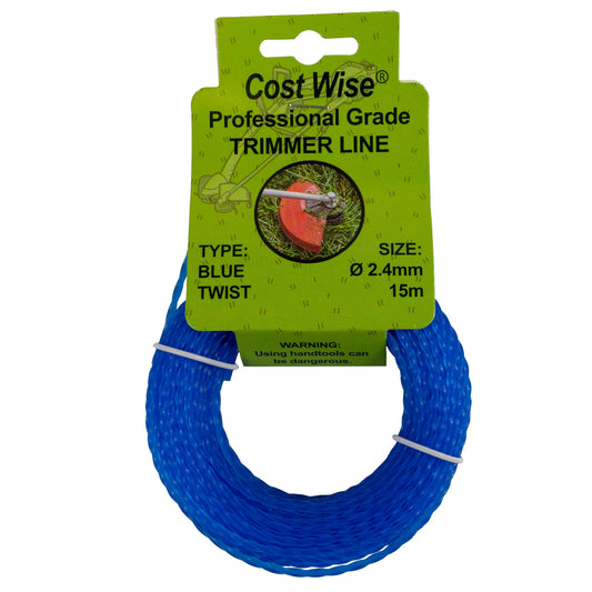 Blue twisted strimmer line in a 15m coil, labelled 2.4mm.