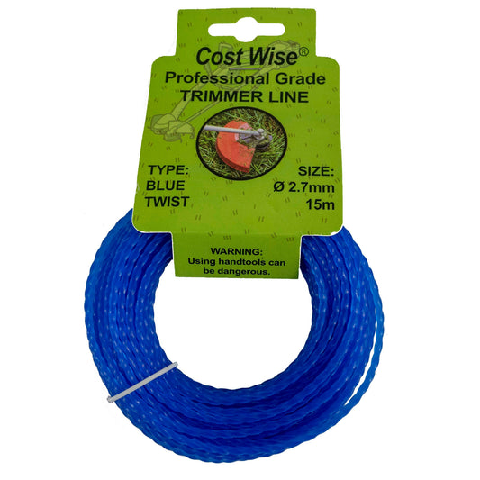 Blue twisted strimmer line in a 15m coil, labelled 2.7mm.