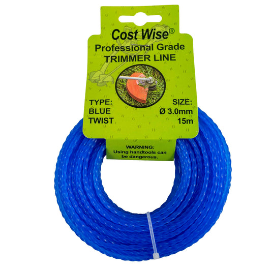 Blue twisted strimmer line in a 15m coil, labelled 3mm.