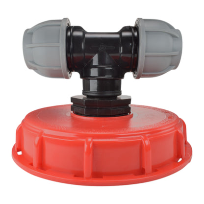 IBC 6″ Top Cap with 20mm MDPE Tee, shown with a red cap; cap colour may vary.