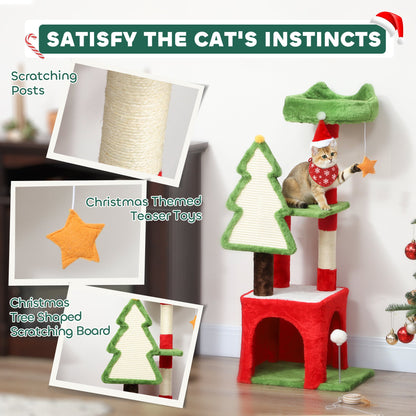 PawHut Christmas Cat Tree, 120cm Tower with Scratching Post & Board