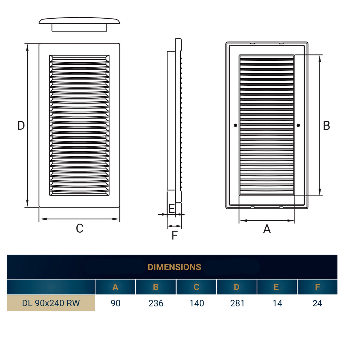 Dospel DL/90×240 RW LUX Louvre Vent with Fly Mesh – White