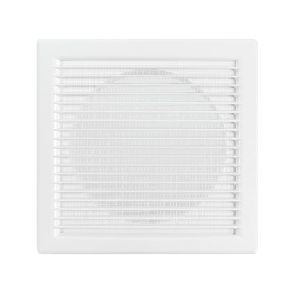 White Dospel DL/125 RW LUX ventilation grille with louvred front and fly mesh.