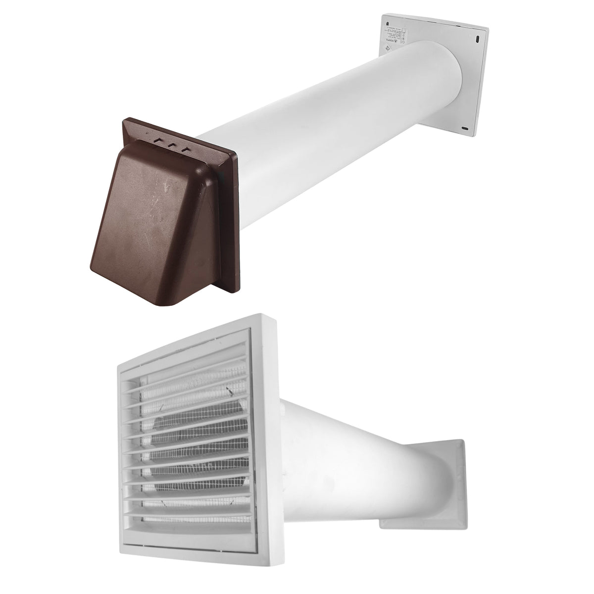 Through-wall ventilation kit with white KR100/125 inner grille, white duct and brown external hood.