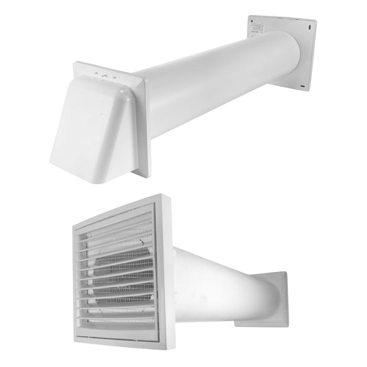 Through-wall ventilation kit with white KR100/125 inner grille, white duct and white external hood.