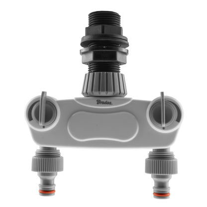 Water-butt tank connector kit with 1″ BSP mounting thread and 2 × male snap-on plugs with independent valves.