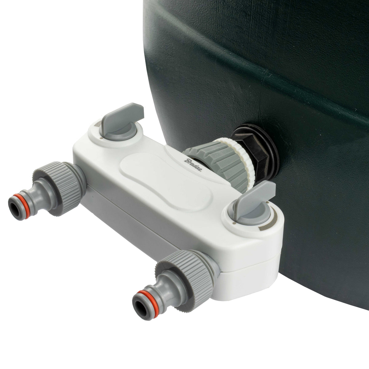Water-butt tank connector kit with ¾″ BSP mounting thread and 2 × male snap-on plugs with independent valves.