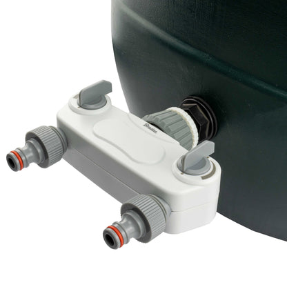 Water-butt tank connector kit with ¾″ BSP mounting thread and 2 × male snap-on plugs with independent valves.