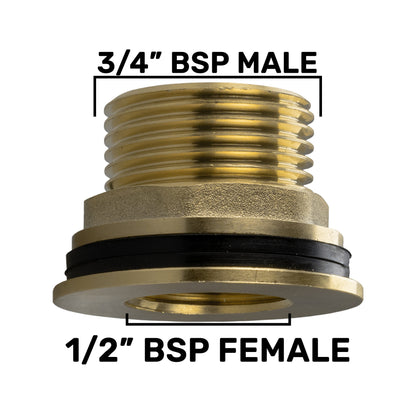 Brass Water Butt Connector – ¾″ Male / ½″ Female with 27mm Cutter