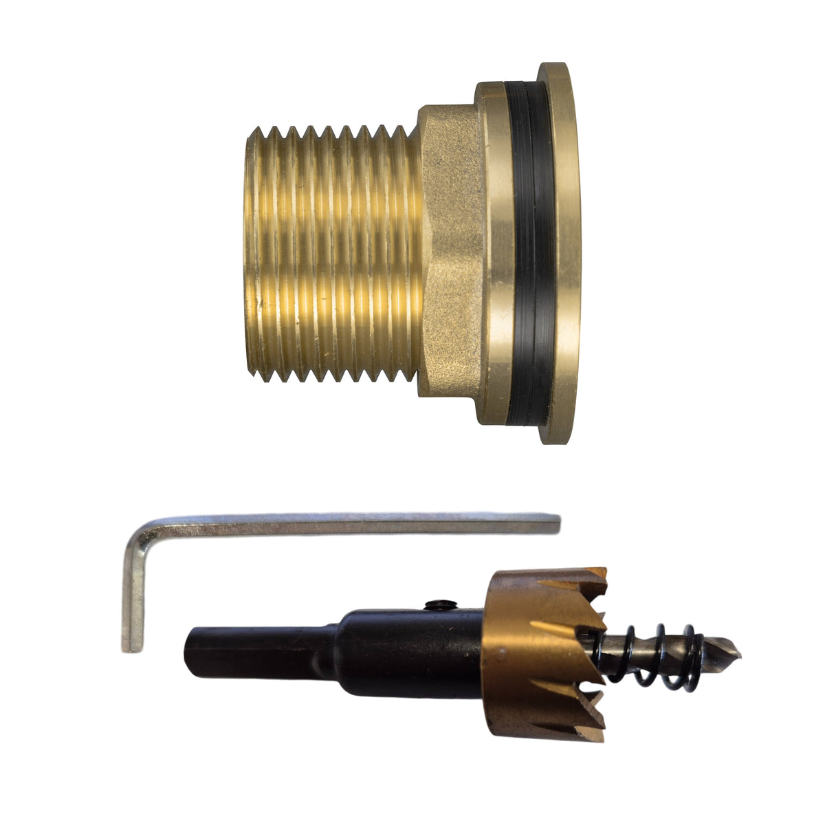 Brass three-quarter-inch BSP male to half-inch BSP female tank connector with27mm hole cutter.