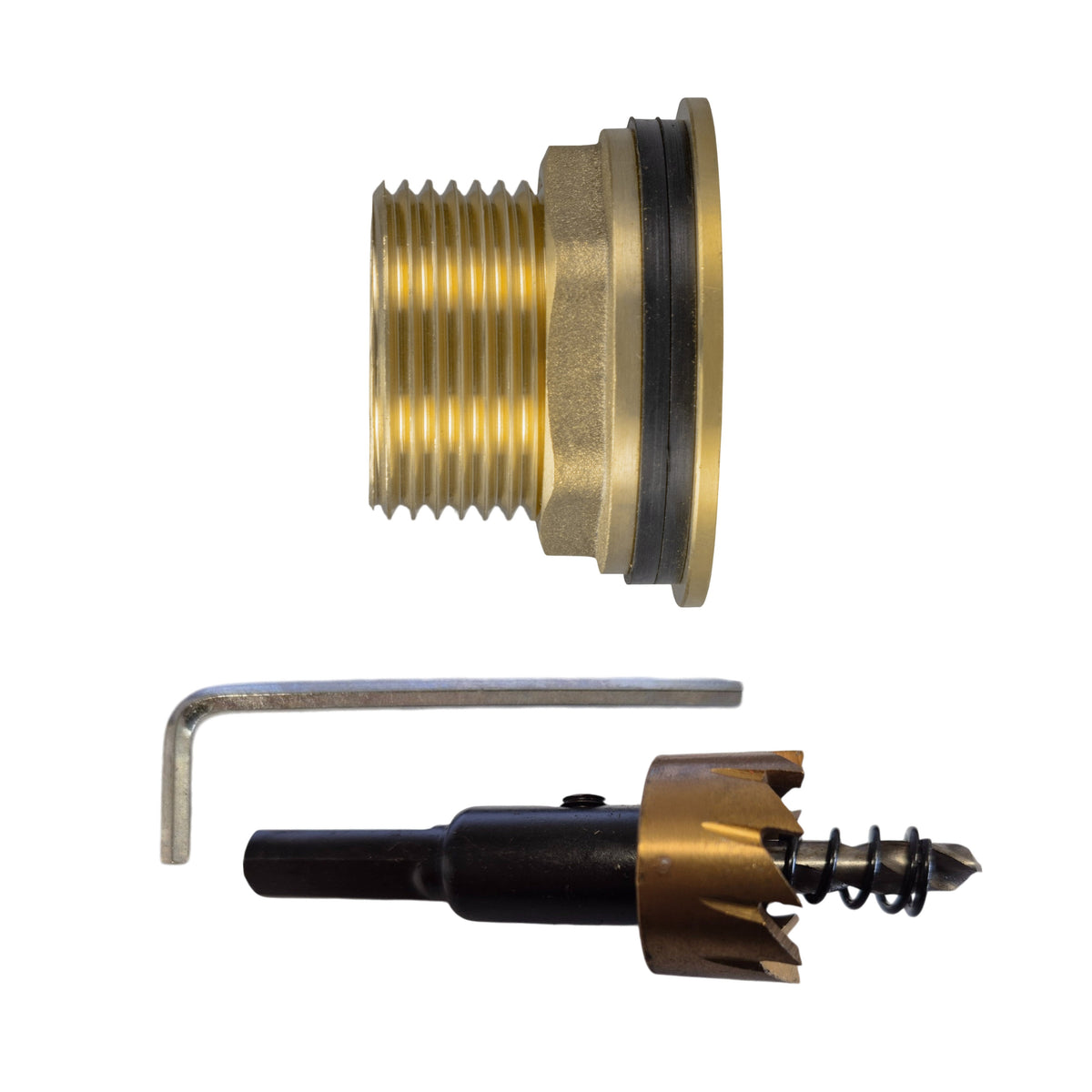 Brass Water Butt Fitting – 1″ Male / ¾″ Female + 34mm Cutter