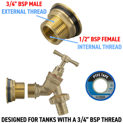 Water Butt Brass Kit 3/4" BSP with Brass Barbed Tap