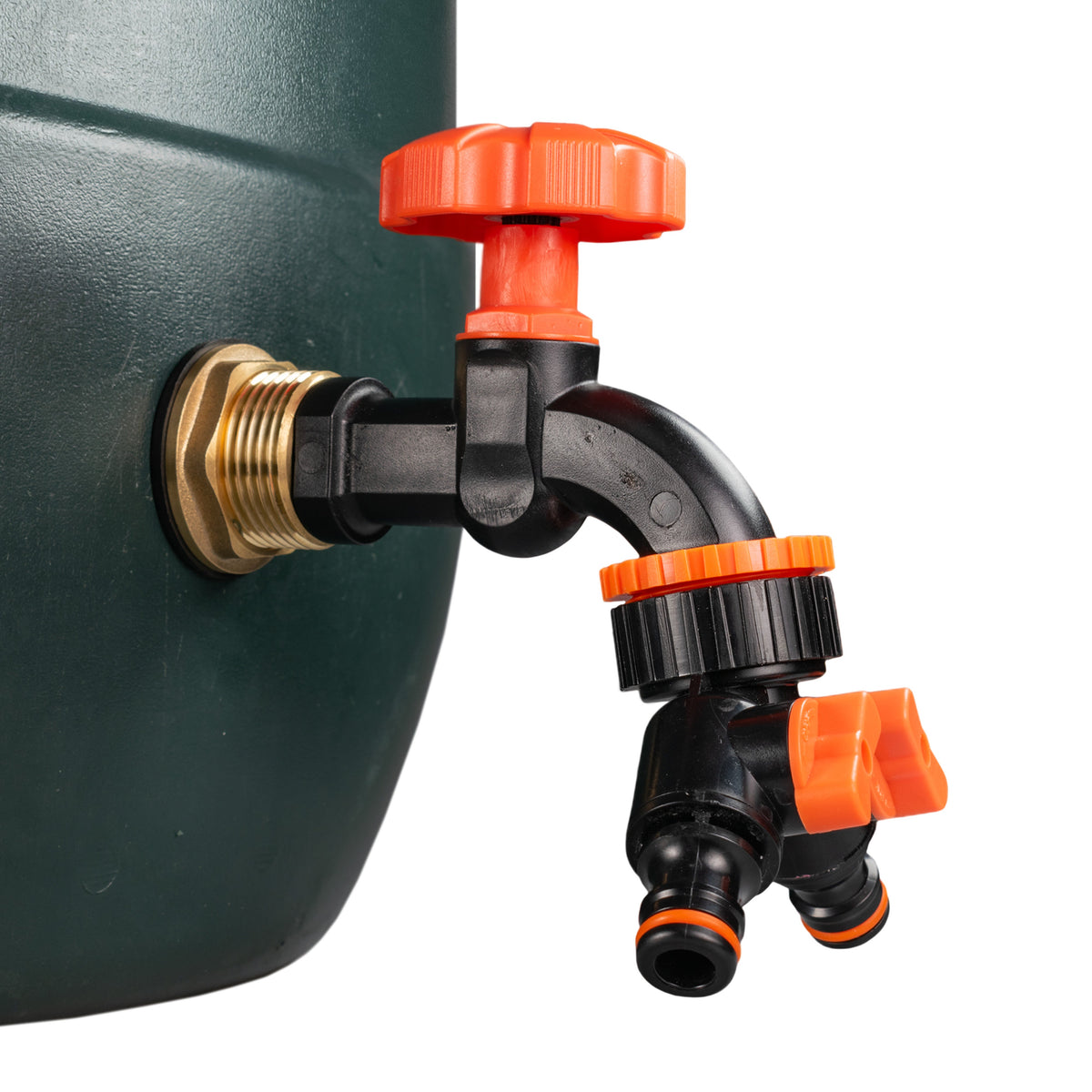 ¾″ BSP Water Butt Kit – Black/Orange Dial Tap & Twin Splitter