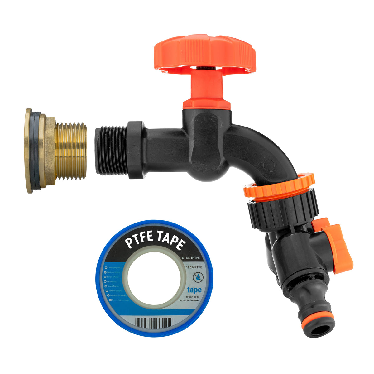 ¾″ BSP Water Butt Kit – Black/Orange Dial Tap & Twin Splitter