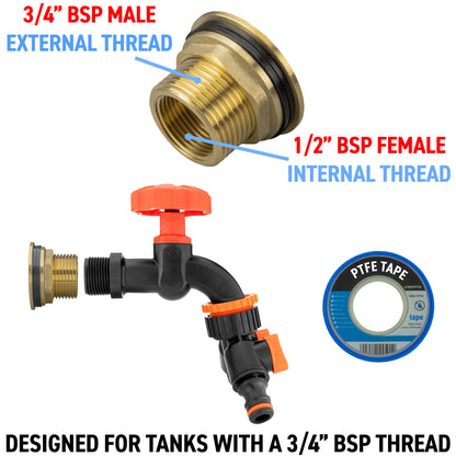 ¾″ BSP Water Butt Kit – Black/Orange Dial Tap & Twin Splitter