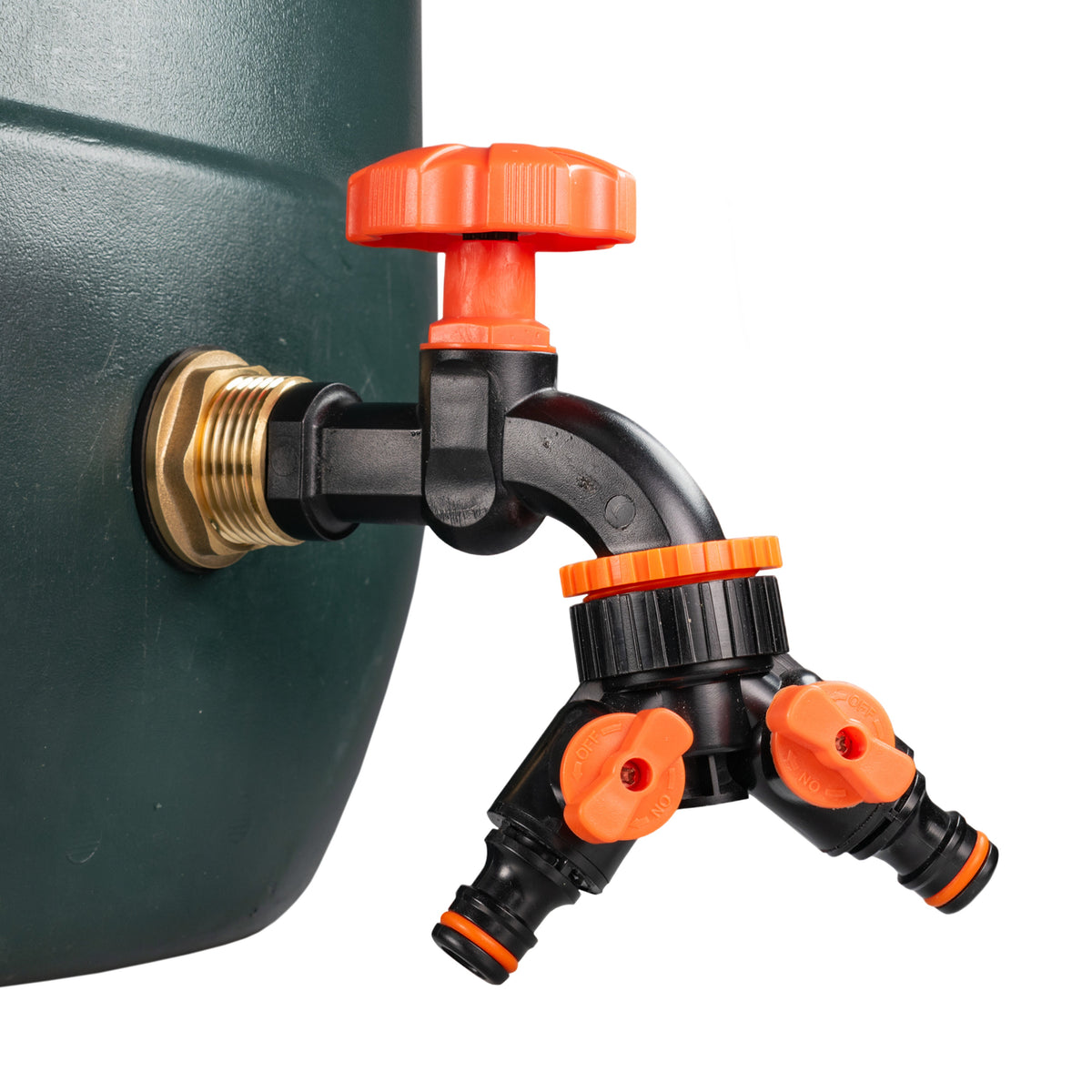 ¾″ BSP Water Butt Kit – Black/Orange Dial Tap & Twin Splitter
