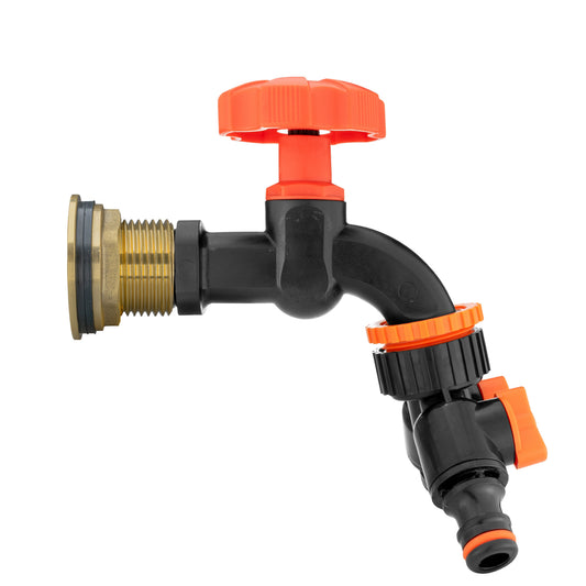 ¾″ BSP Water Butt Kit – Black/Orange Dial Tap & Twin Splitter; supplied fittings shown.